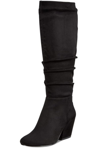 Women Comfort Slouch Knee High Boots Closed Round Toe Chunky Mid Heels Side Zipper Pull On Wide Calf