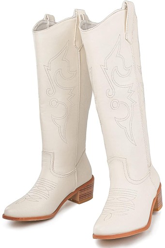 Women's Embroidered Western Cowgirl Boots Chunky Stacked Heel Mid Calf Cowboy Boots Pull On Round Toe Knee High Boots