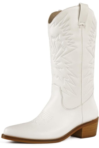 Embroidered Cowboy Cowgirl Boots Round Toe Mid Calf Chunky Stacked Heel Western Boots Wedding Riding Party