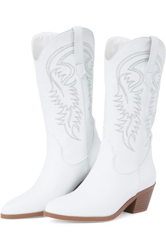 White Cowgirl Boots Embroidered Pointed Toe Cowboy BootsWide Calf Pull On Chunky Heel Western Boots