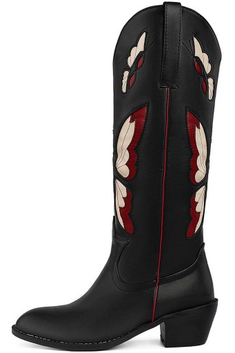 Butterfly Embroidered Cowboy Boots for Women Vintage Round Toe Chunky Heel Mid Calf Western Boots 