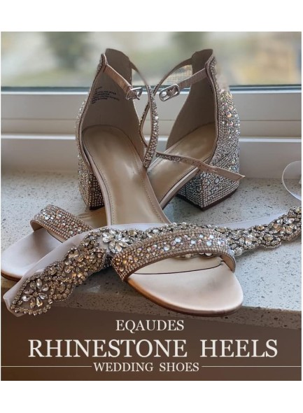 Rhinestone Heels Sandals Low Chunky Block Heels for Women Wedding Dress Sparkly Bridal Glitter Prom Heels