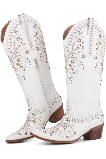 Western Cowboy Boots Cowgirl Chunky Heel Mid Calf Boot Snip Toe Embroidery Riding Boots 