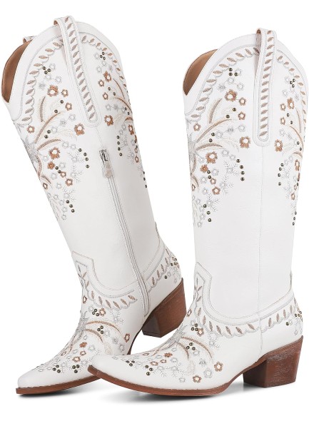 Western Cowboy Boots Cowgirl Chunky Heel Mid Calf Boot Snip Toe Embroidery Riding Boots