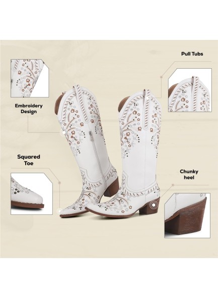 Western Cowboy Boots Cowgirl Chunky Heel Mid Calf Boot Snip Toe Embroidery Riding Boots