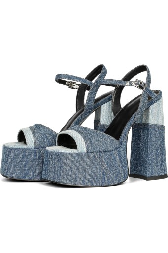 Women Denim Chunky High Heel Sandals Peep Open Toe Ankle Buckle Strap Backless Heeled Sandals Casual