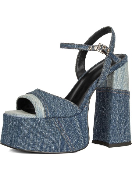 Women Denim Chunky High Heel Sandals Peep Open Toe Ankle Buckle Strap Backless Heeled Sandals Casual
