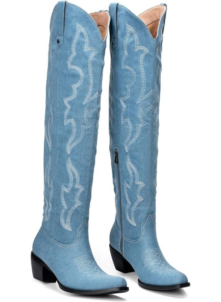 Womens White Cowgirl Boots Fashion Over the Knee Boots