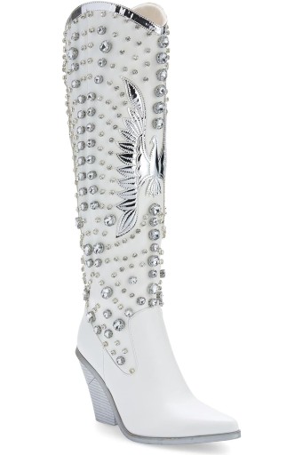 Rhinestone Cowboy Boots for Women Eagle Parttern Cowgirl Boots Chunky Heel Knee High Western Long Boots