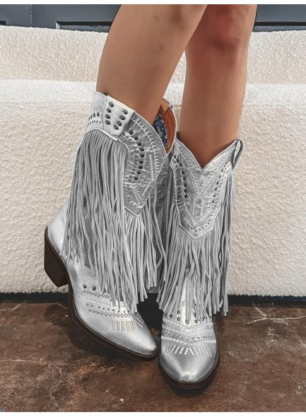 Metallic Stud Fringe Cowboy BootsTassel Cowgirl Boots Chunky Heel Wide Mid Calf Music Festival Western Boots