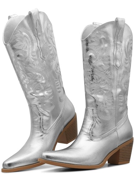 Silver Metallic Cowboy Boots Women&#39;s Cowgirl Boots Pull On Chunky High Heel Almond Toe Boots Embroidered Western Mid Calf Boots