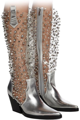 Clear Rhinestones Cowboy Boots for Women Diamond Cowgirl Boots Chunky Heel Pointed Toe Western Boots