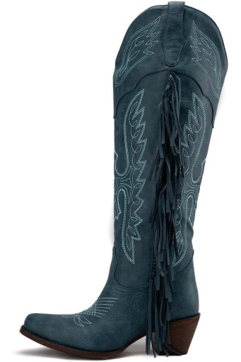 Cowgirl Fringe Boots Pointed Toe Mid Calf Western Knee High Cowboy Boots Classic Embroidery Tassel Boots 