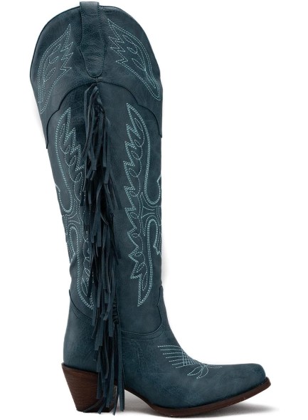 Cowgirl Fringe Boots for Women Pointed Toe Mid Calf Western Knee High Cowboy Boots