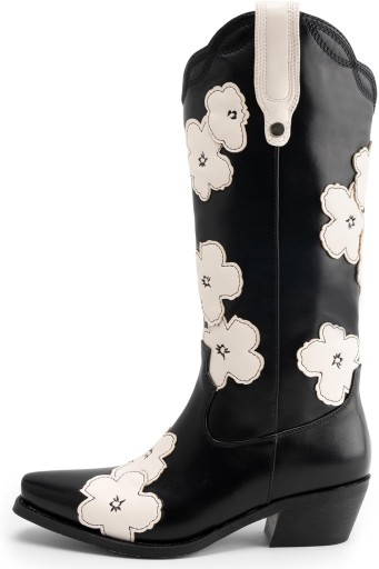 Western Cowboy Boots for Women with Flower, Knee High Cowgirl Boots with Pointed Toe Studded Mid Claf Boots