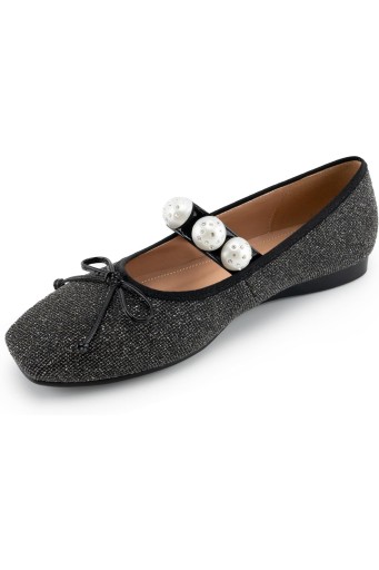 Women's Square Toe Flats Elegant Pearl Strap Bow Tie Detail Glitter Comfort Causal Flat Shoes