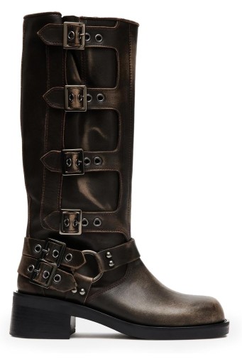 Mid Calf Boots for Women，Combat Boots with Buckle Chunky Heeled Square Toe Biker Boots 