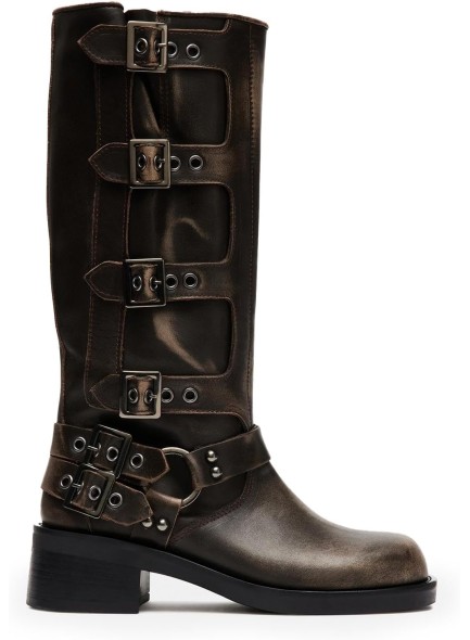Mid Calf Boots for Women，Combat Boots with Buckle Chunky Heeled Square Toe Biker Boots