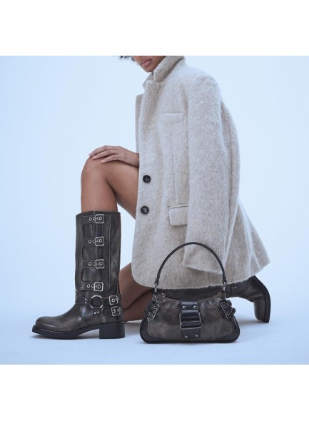 Mid Calf Boots for Women，Combat Boots with Buckle Chunky Heeled Square Toe Biker Boots
