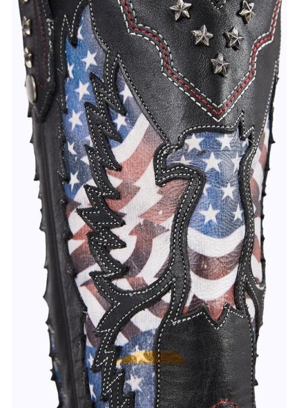 Ankle Boots for Women，Mid Calf Cowboy Boots with Star Rivet，Snip-toe Chunky Heel Flag Printing Western Boots