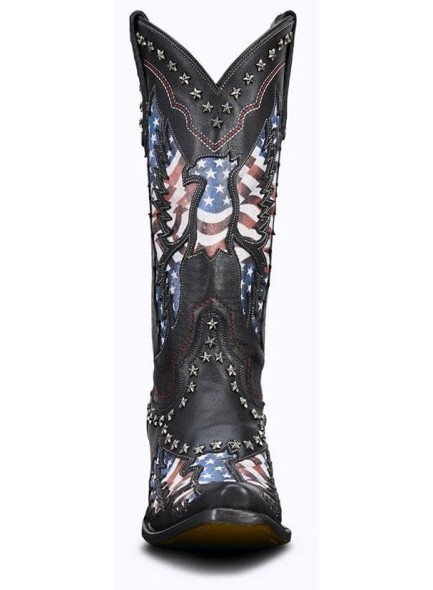 Ankle Boots for Women，Mid Calf Cowboy Boots with Star Rivet，Snip-toe Chunky Heel Flag Printing Western Boots