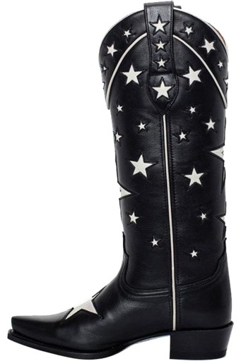 Cowboy Boots for Women，Western Cowgirl Boots with Chunky Heel White Stars Prints，Pointed Toe Mid Calf Boots